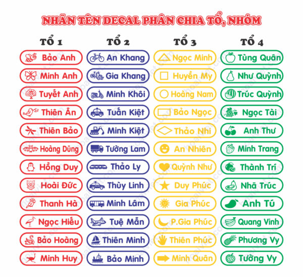 Nhãn Tên Decal Phân Chia Tổ Nhóm
