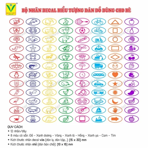 Nhãn decal biểu tượng dán đồ dùng cho bé 12 Bảng tên học sinh mầm non có in biểu tượng cá nhân kết hợp tên bé rõ ràng